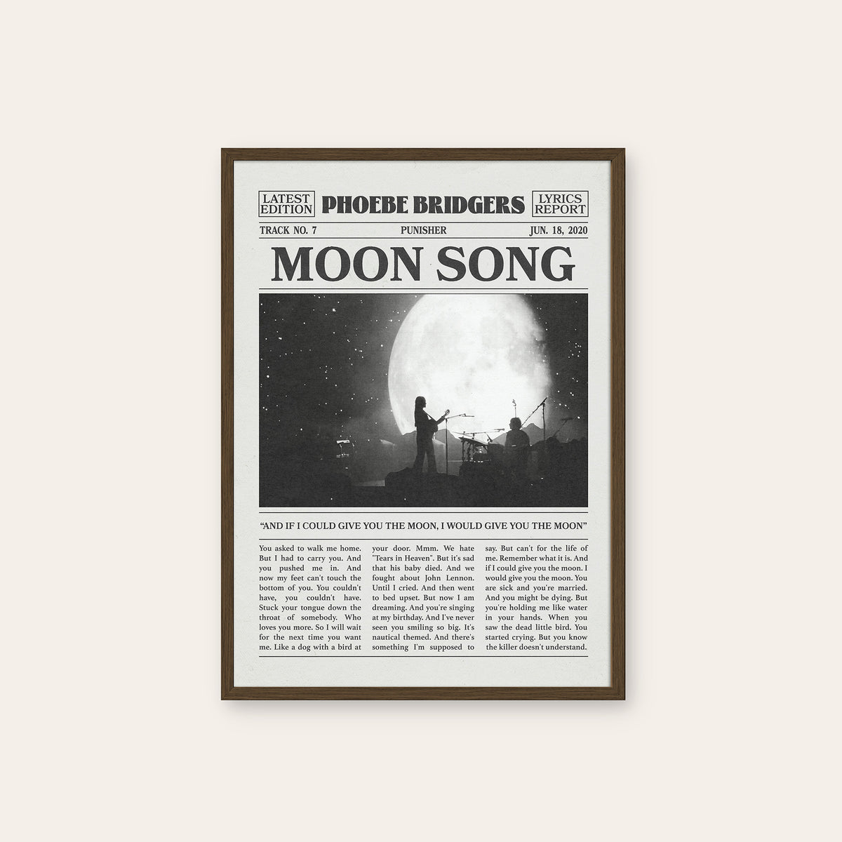 Phoebe Bridgers Moon Song newspaper poster, Moon Stage — dark wood frame
