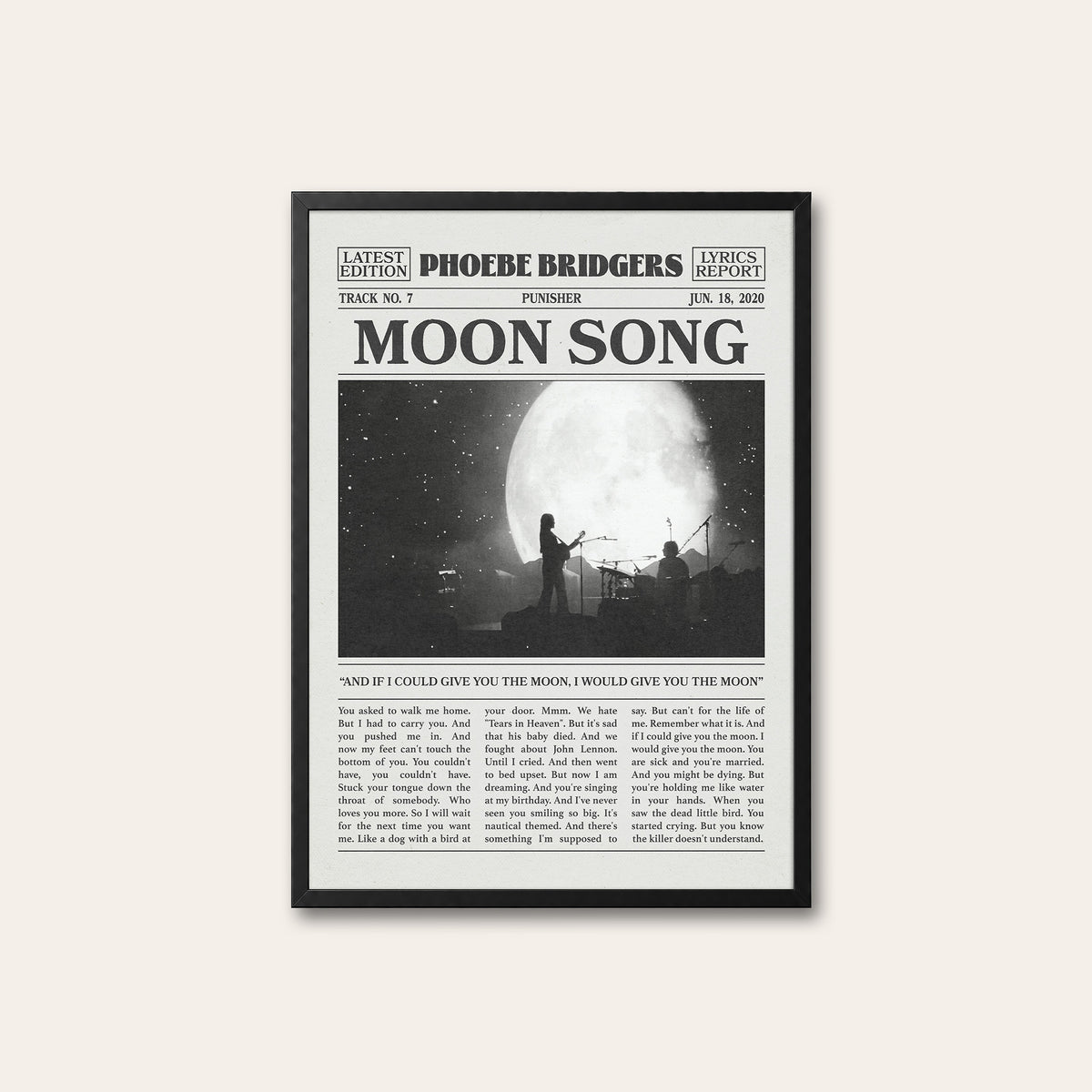 Phoebe Bridgers Moon Song newspaper poster, Moon Stage — black frame