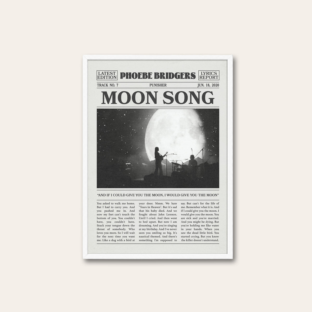 Phoebe Bridgers Moon Song newspaper poster, Moon Stage — white frame