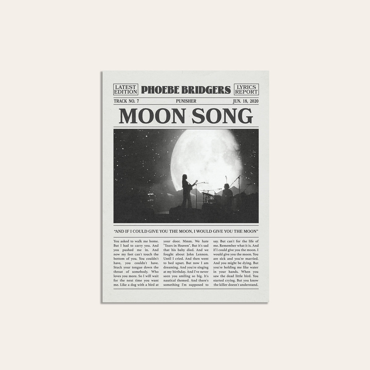 Phoebe Bridgers Moon Song newspaper poster, Moon Stage — unframed print