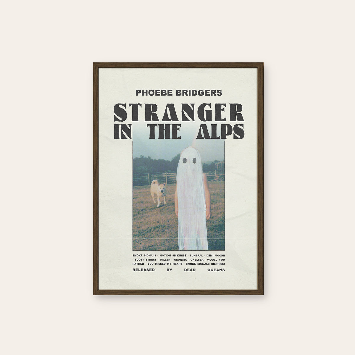 Phoebe Bridgers Stranger in the Alps newspaper poster — dark wood frame
