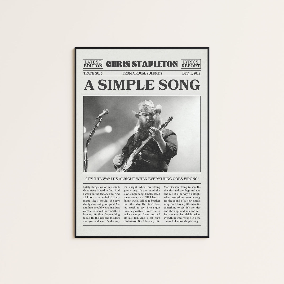 Chris Stapleton A Simple Song newspaper poster — black frame display