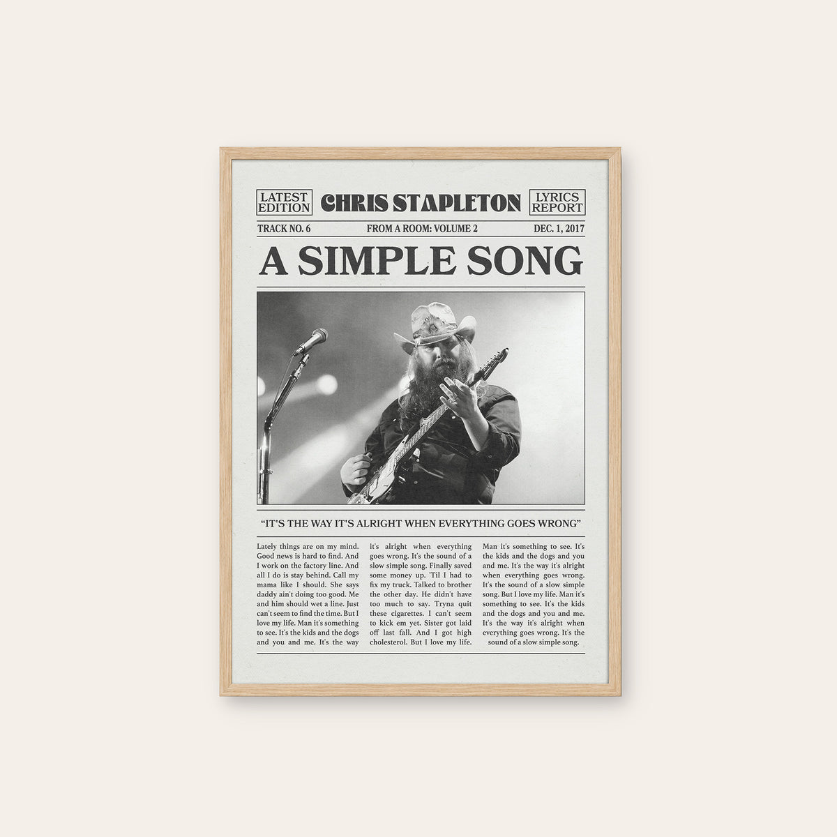 Chris Stapleton A Simple Song newspaper poster — natural wood frame