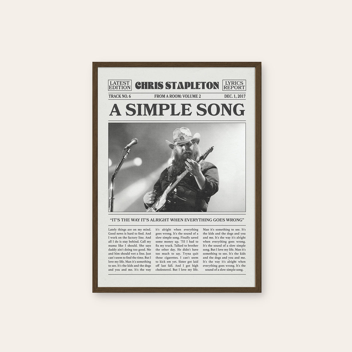 Chris Stapleton A Simple Song newspaper poster — dark wood frame