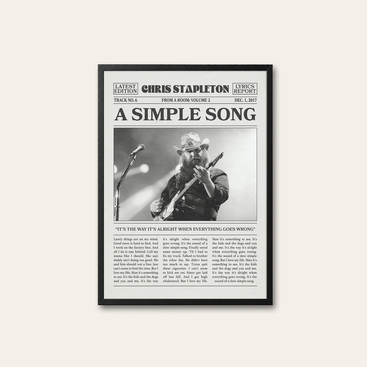 Chris Stapleton A Simple Song newspaper poster — black frame