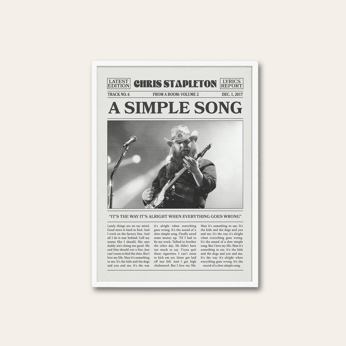 Chris Stapleton A Simple Song newspaper poster — white frame