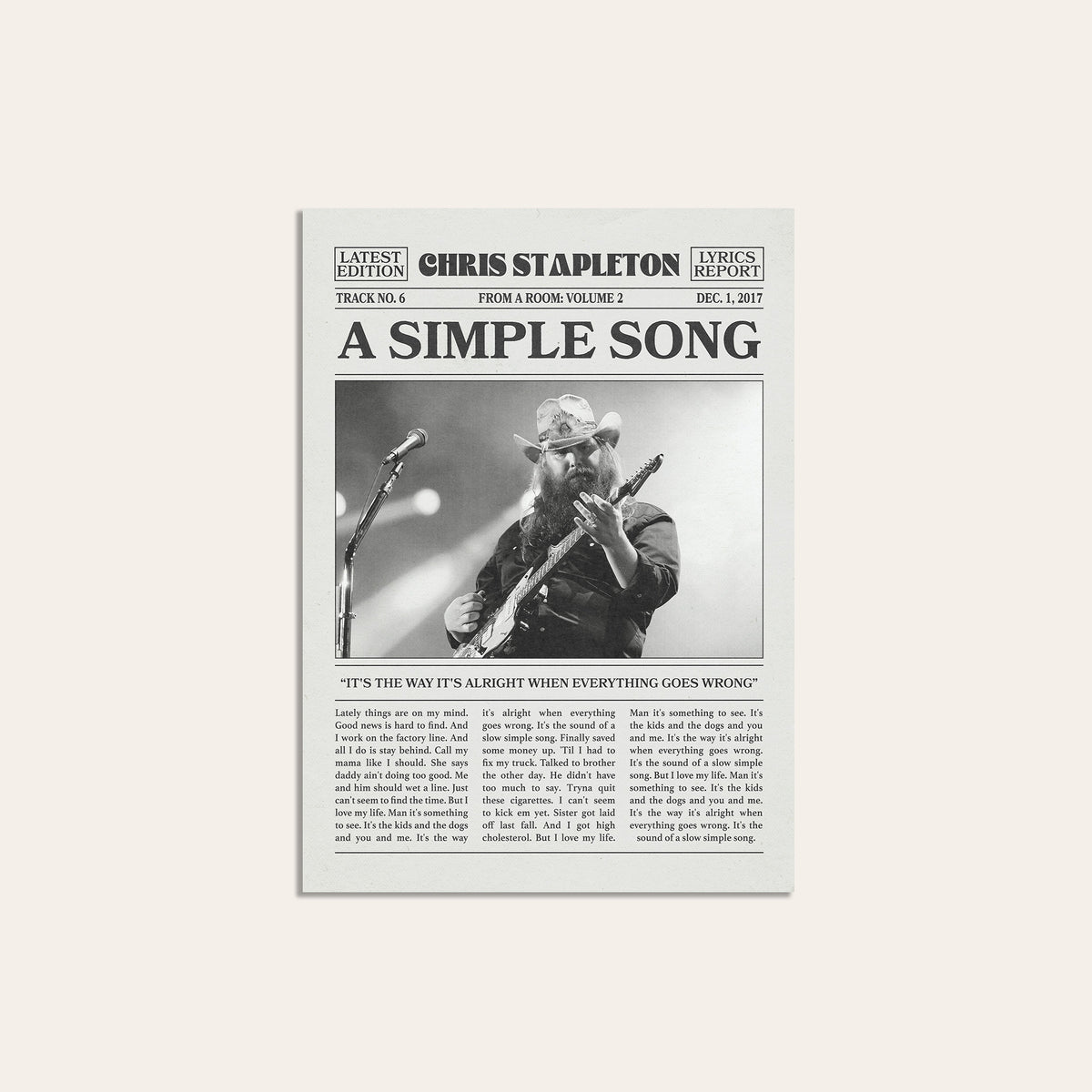 Chris Stapleton A Simple Song newspaper poster — unframed print