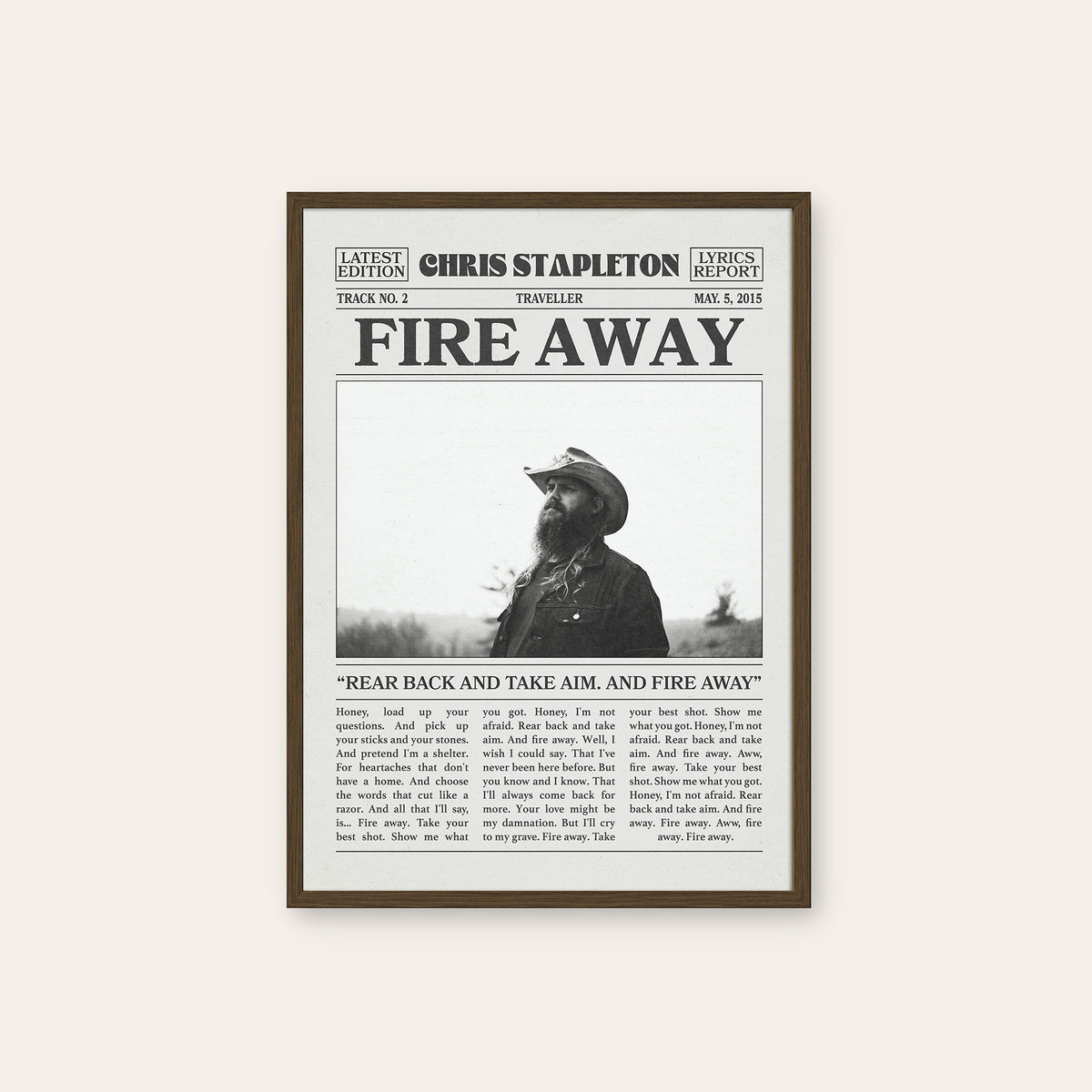 Chris Stapleton Fire Away newspaper poster — dark wood frame