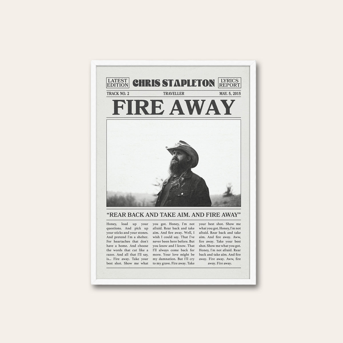 Chris Stapleton Fire Away newspaper poster — white frame