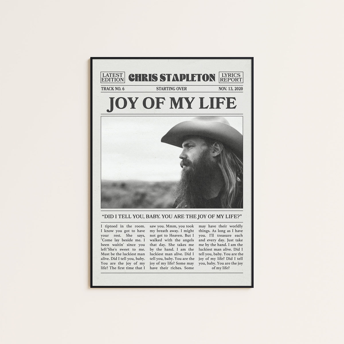 Chris Stapleton Joy of My Life newspaper poster — black frame display