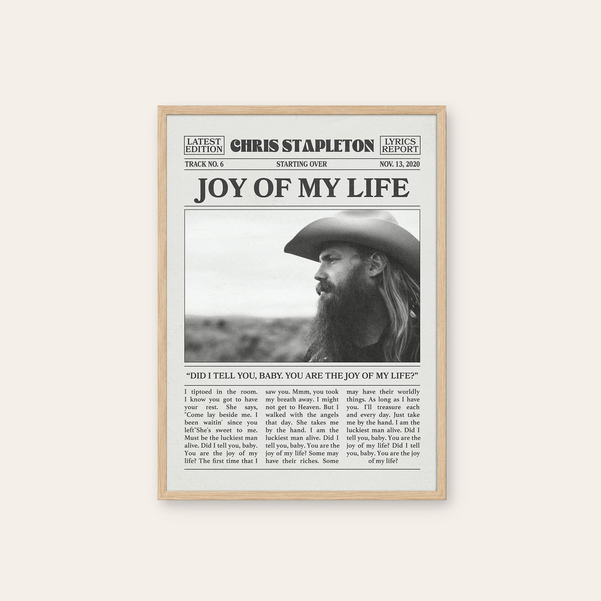 Chris Stapleton Joy of My Life newspaper poster — natural wood frame