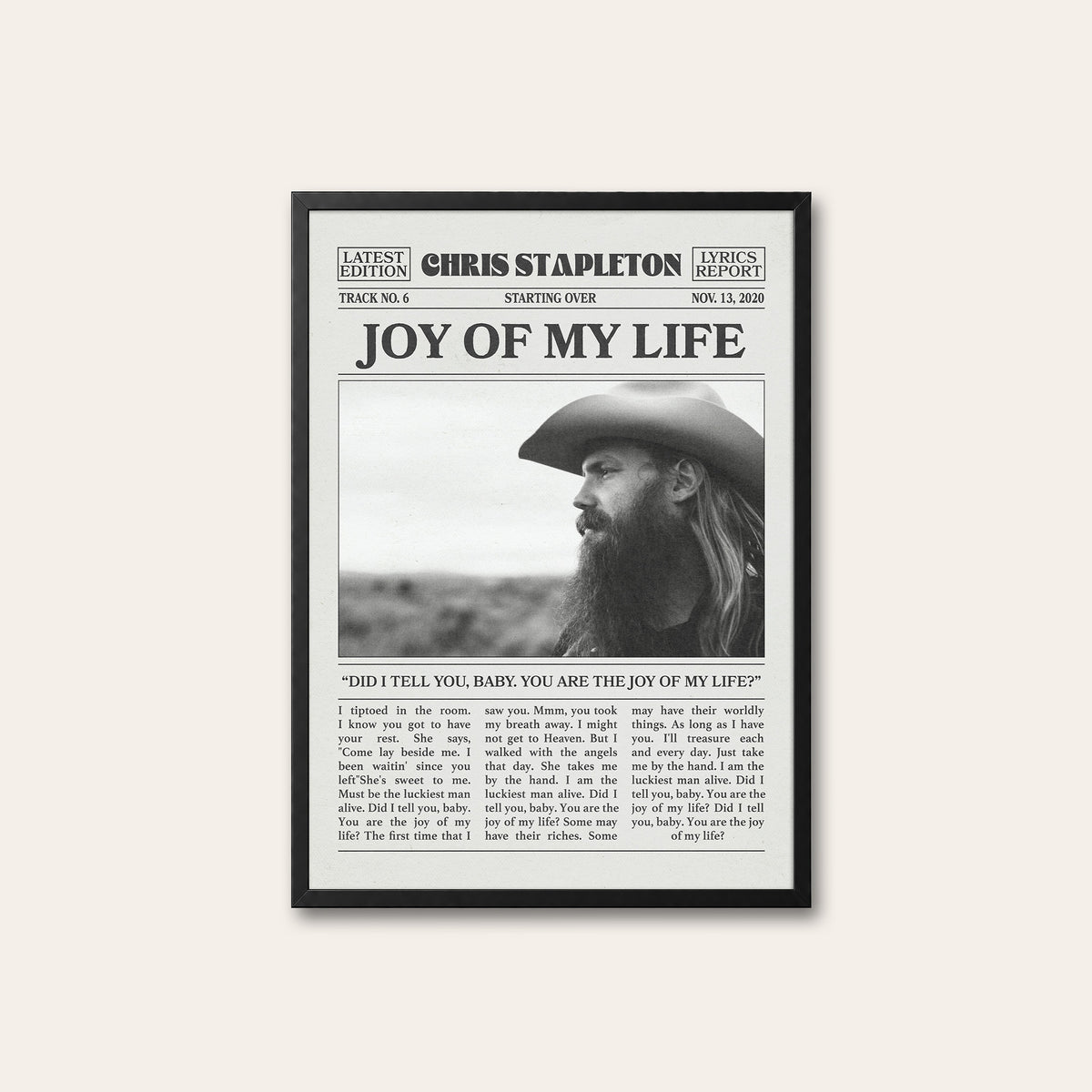 Chris Stapleton Joy of My Life newspaper poster — black frame
