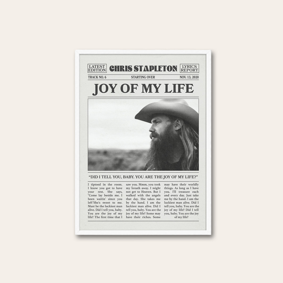 Chris Stapleton Joy of My Life newspaper poster — white frame