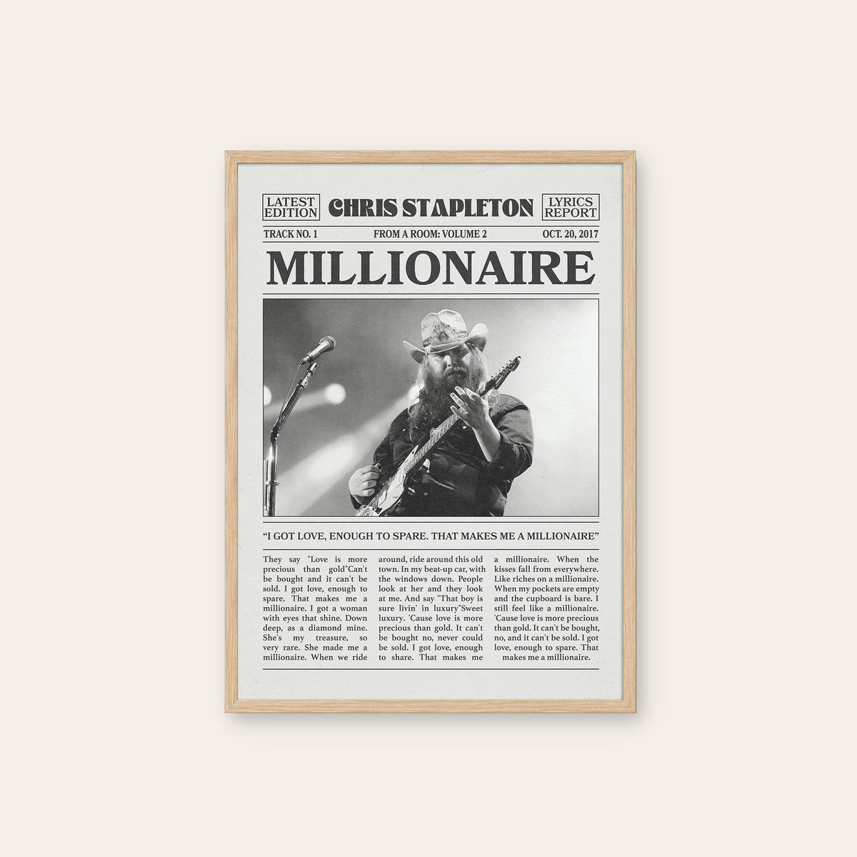 Chris Stapleton Millionaire newspaper poster — natural wood frame