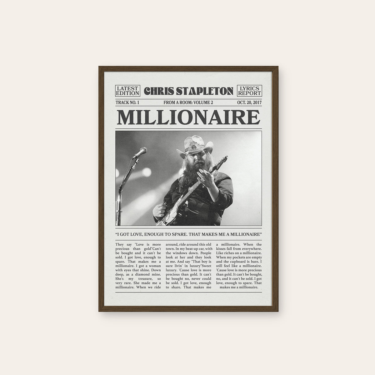 Chris Stapleton Millionaire newspaper poster — dark wood frame