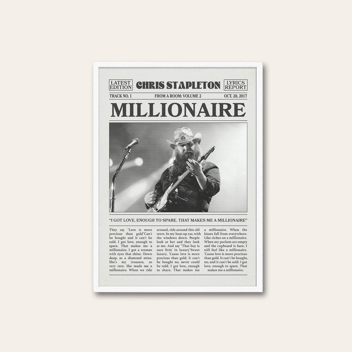 Chris Stapleton Millionaire newspaper poster — white frame