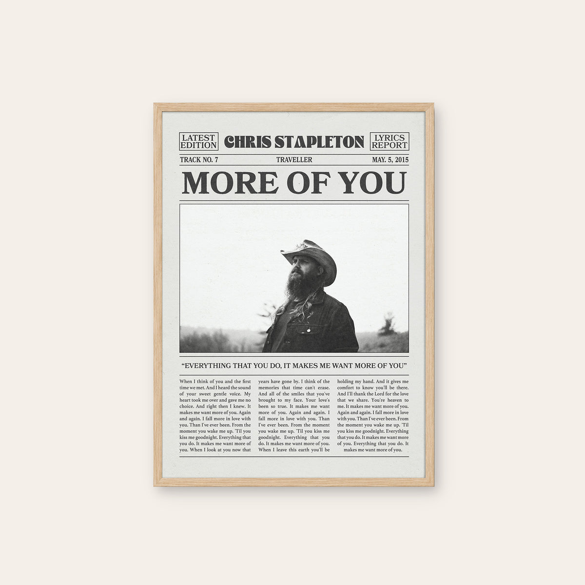 Chris Stapleton More of You newspaper poster — natural wood frame