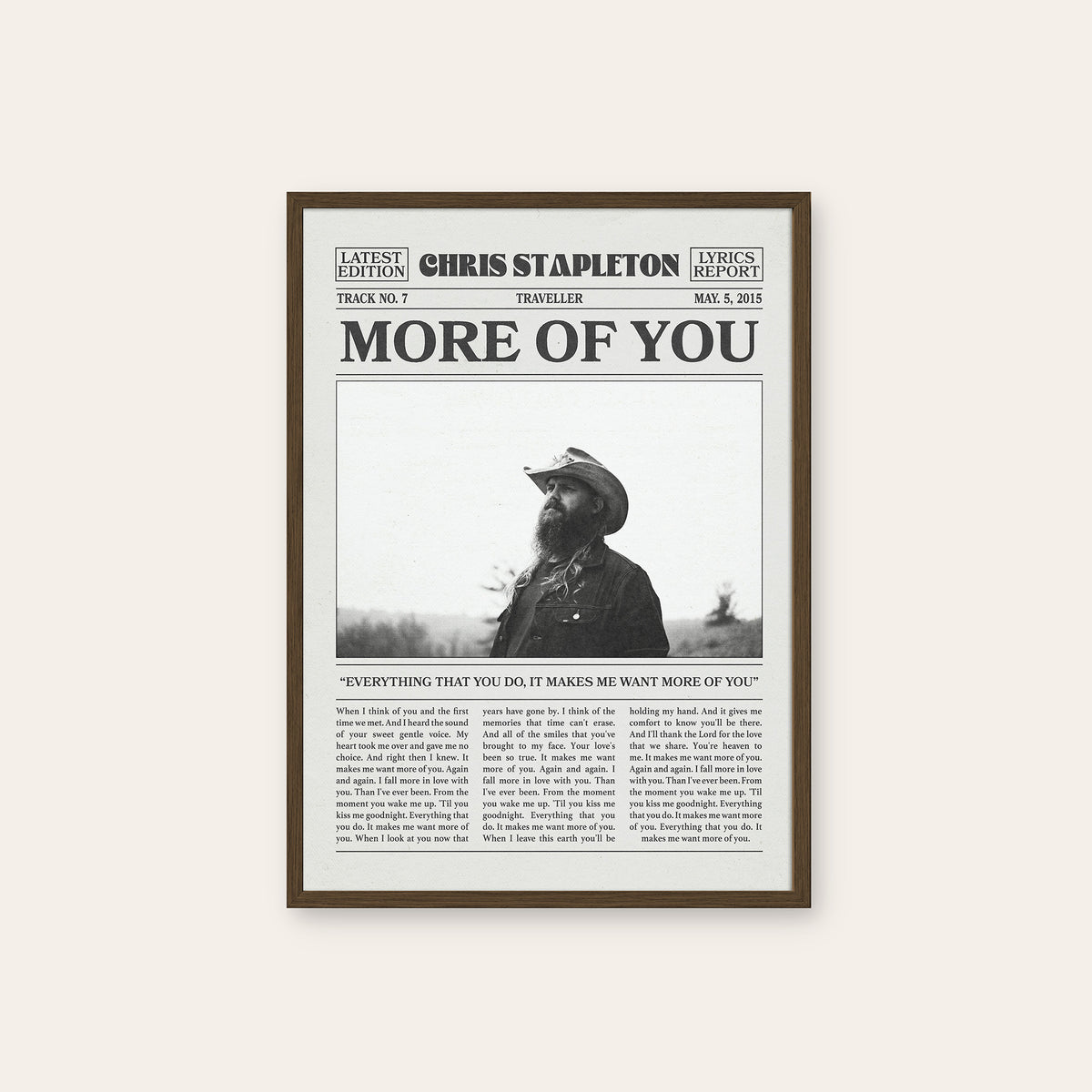Chris Stapleton More of You newspaper poster — dark wood frame