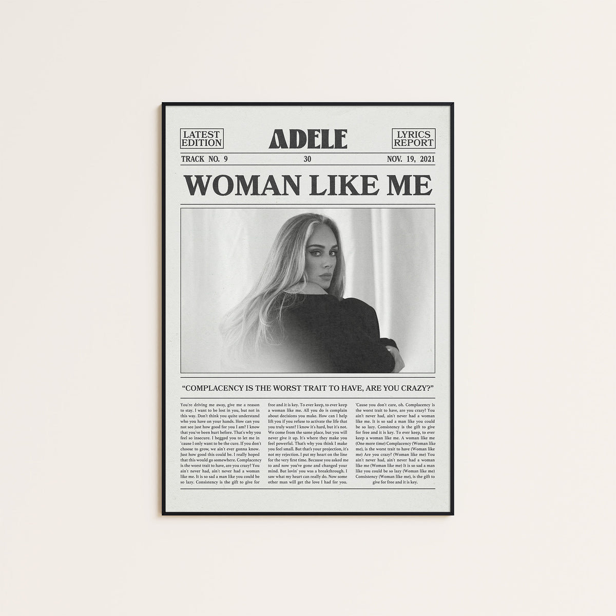Adele Woman Like Me newspaper poster — black frame display