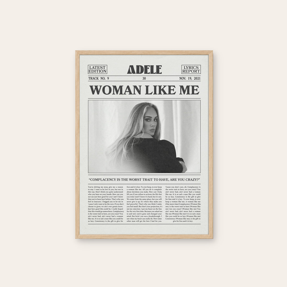 Adele Woman Like Me newspaper poster — natural wood frame