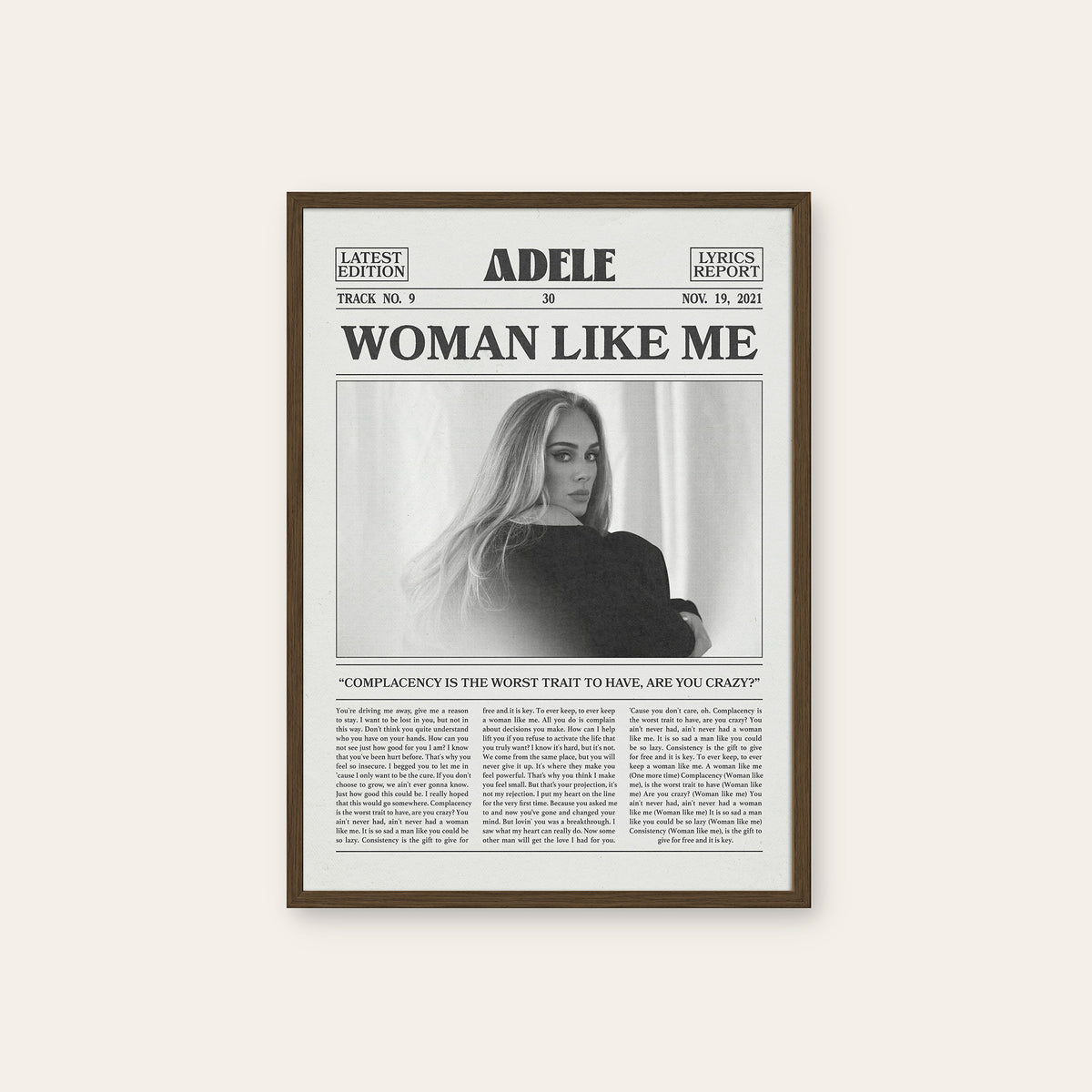 Adele Woman Like Me newspaper poster — dark wood frame