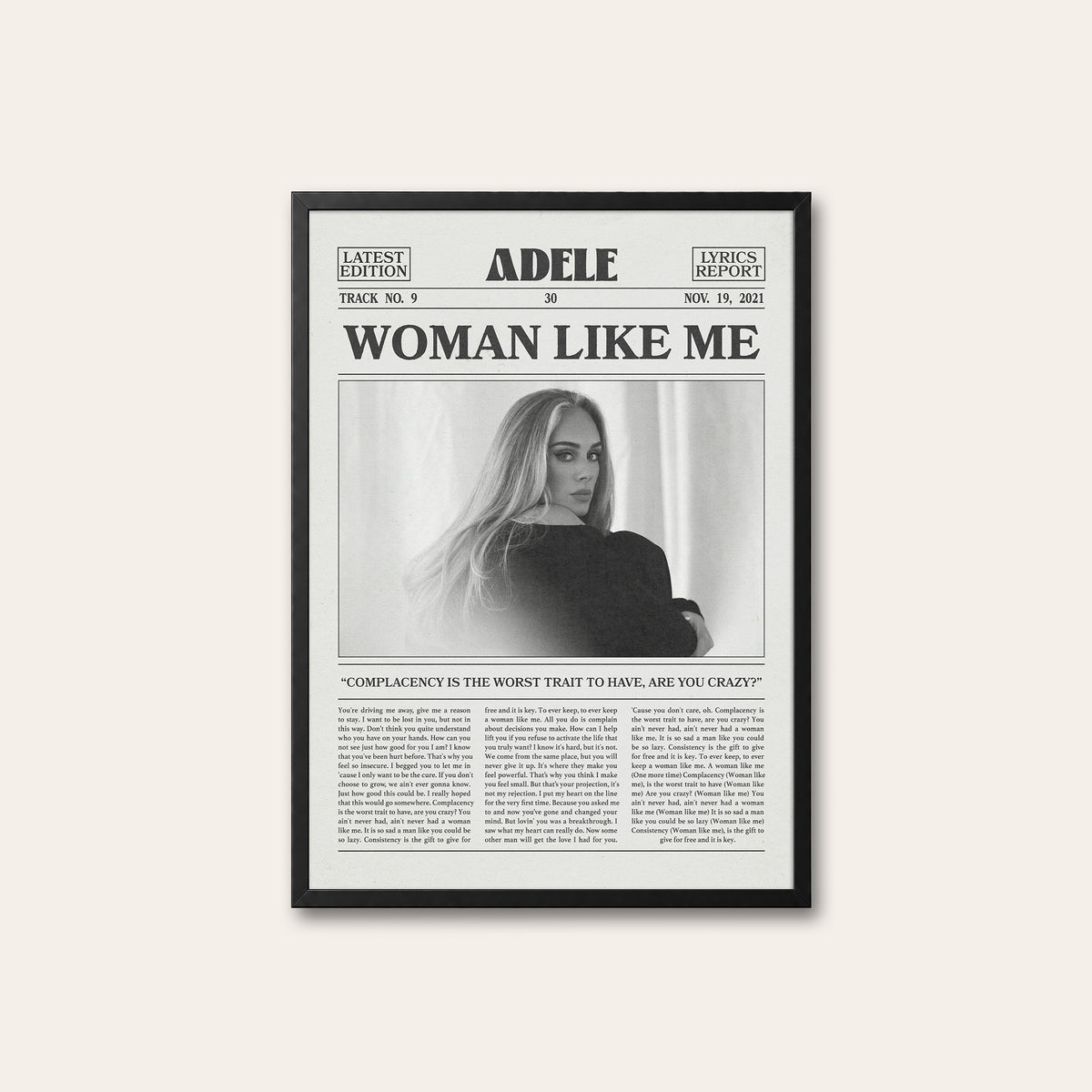 Adele Woman Like Me newspaper poster — black frame