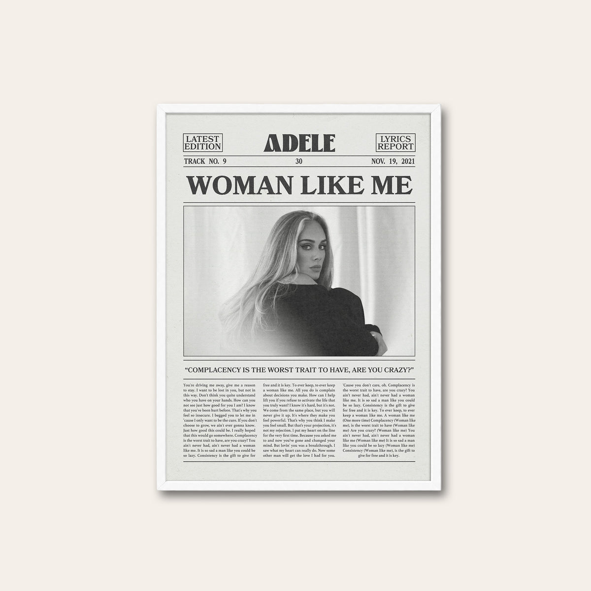 Adele Woman Like Me newspaper poster — white frame