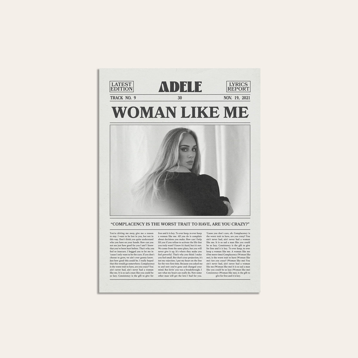Adele Woman Like Me newspaper poster — unframed print