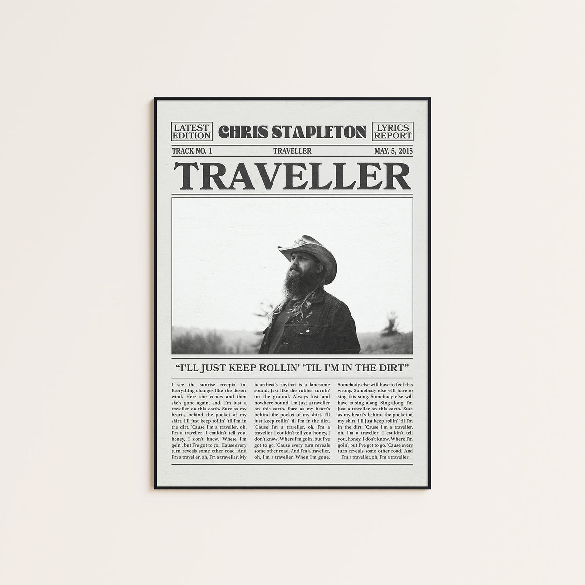 Chris Stapleton Traveller newspaper poster — black frame display