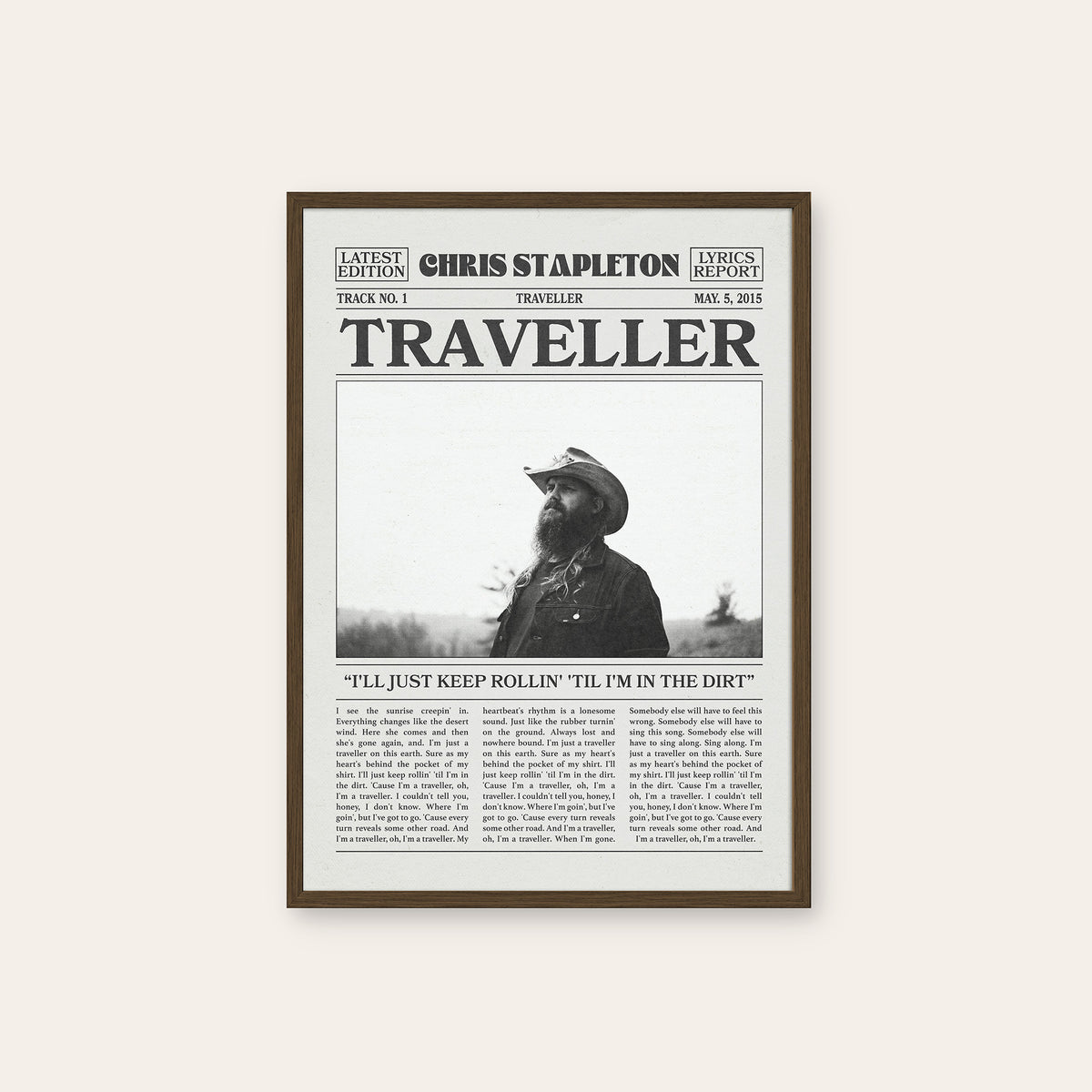 Chris Stapleton Traveller newspaper poster — dark wood frame