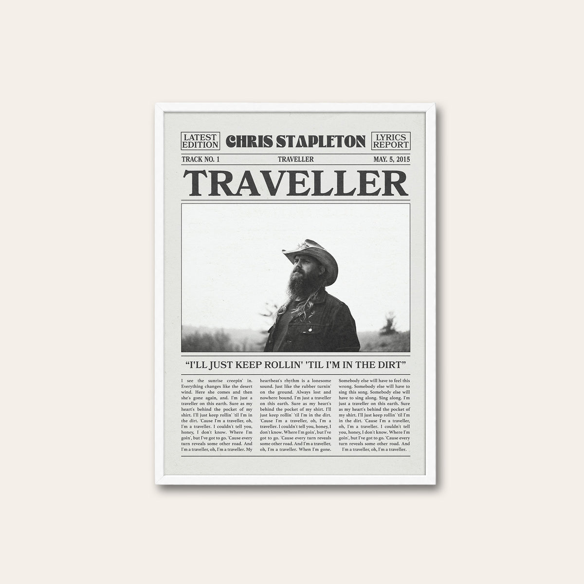Chris Stapleton Traveller newspaper poster — white frame