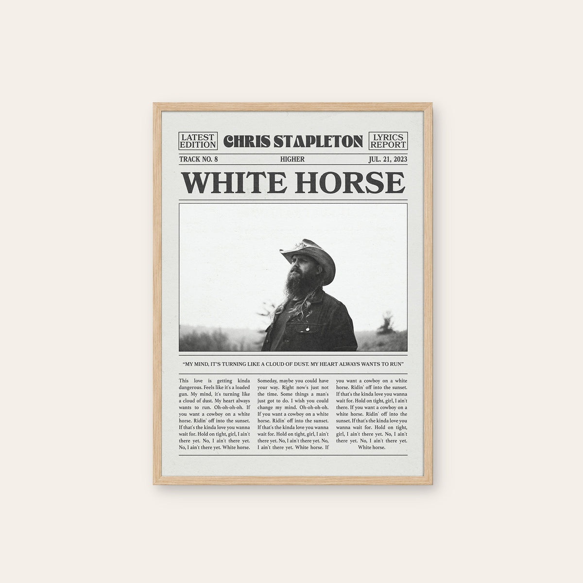 Chris Stapleton White Horse newspaper poster — natural wood frame