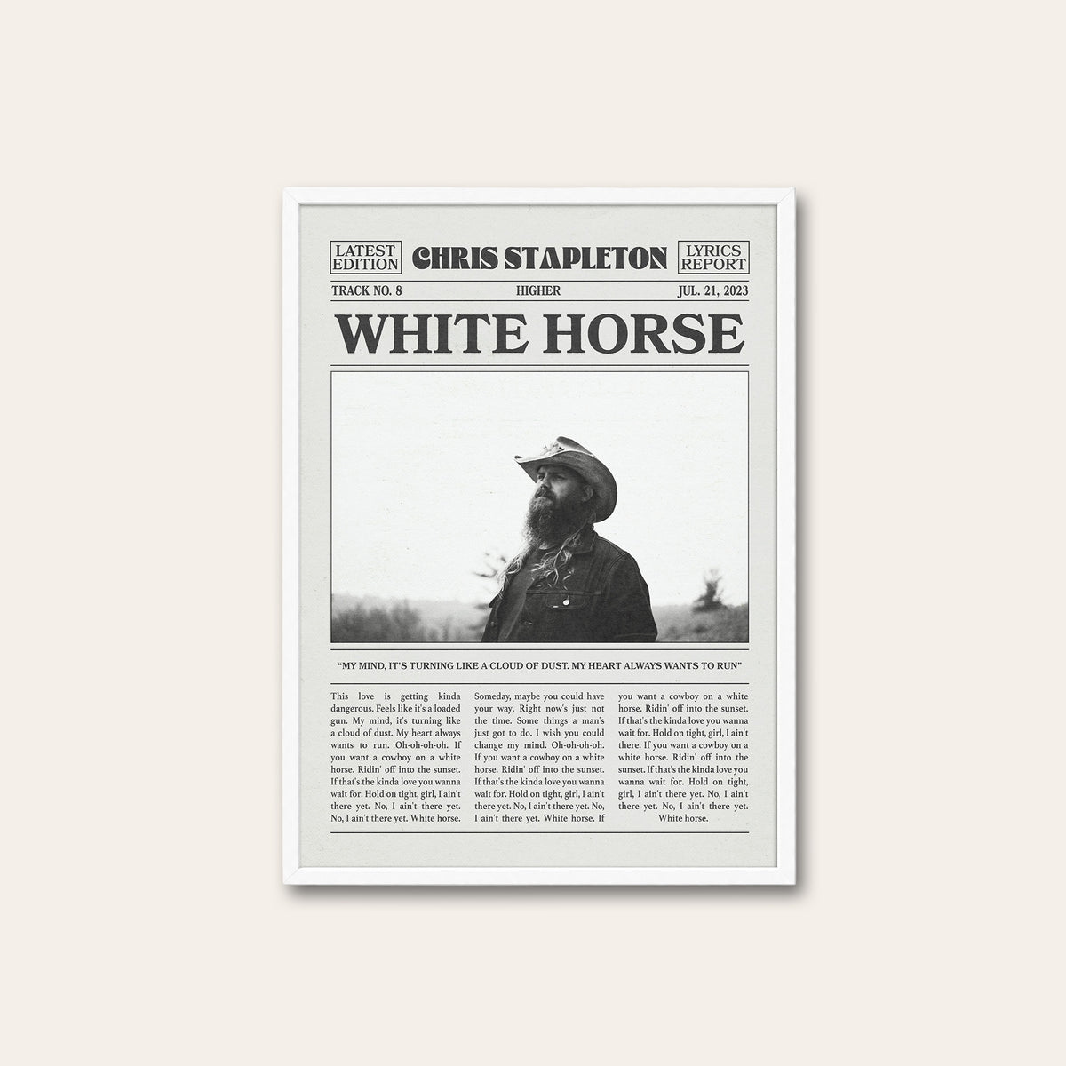 Chris Stapleton White Horse newspaper poster — white frame