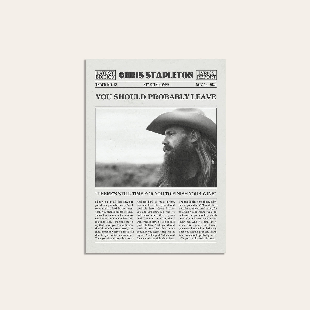 Chris Stapleton You Should Probably Leave newspaper poster — unframed print