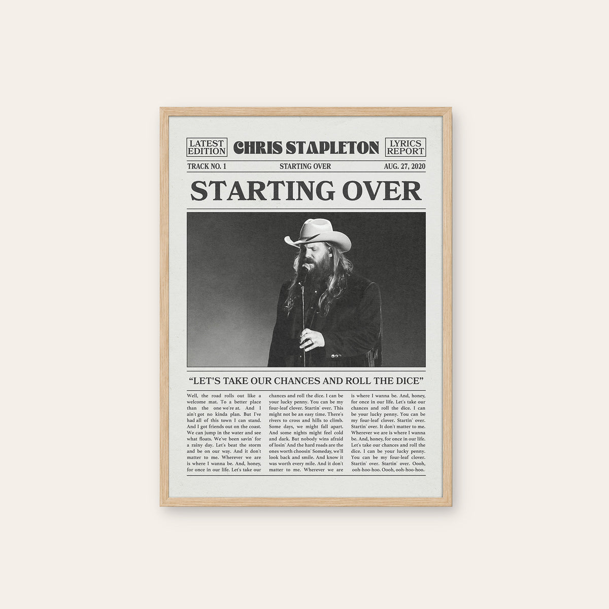 Chris Stapleton Starting Over newspaper poster — natural wood frame