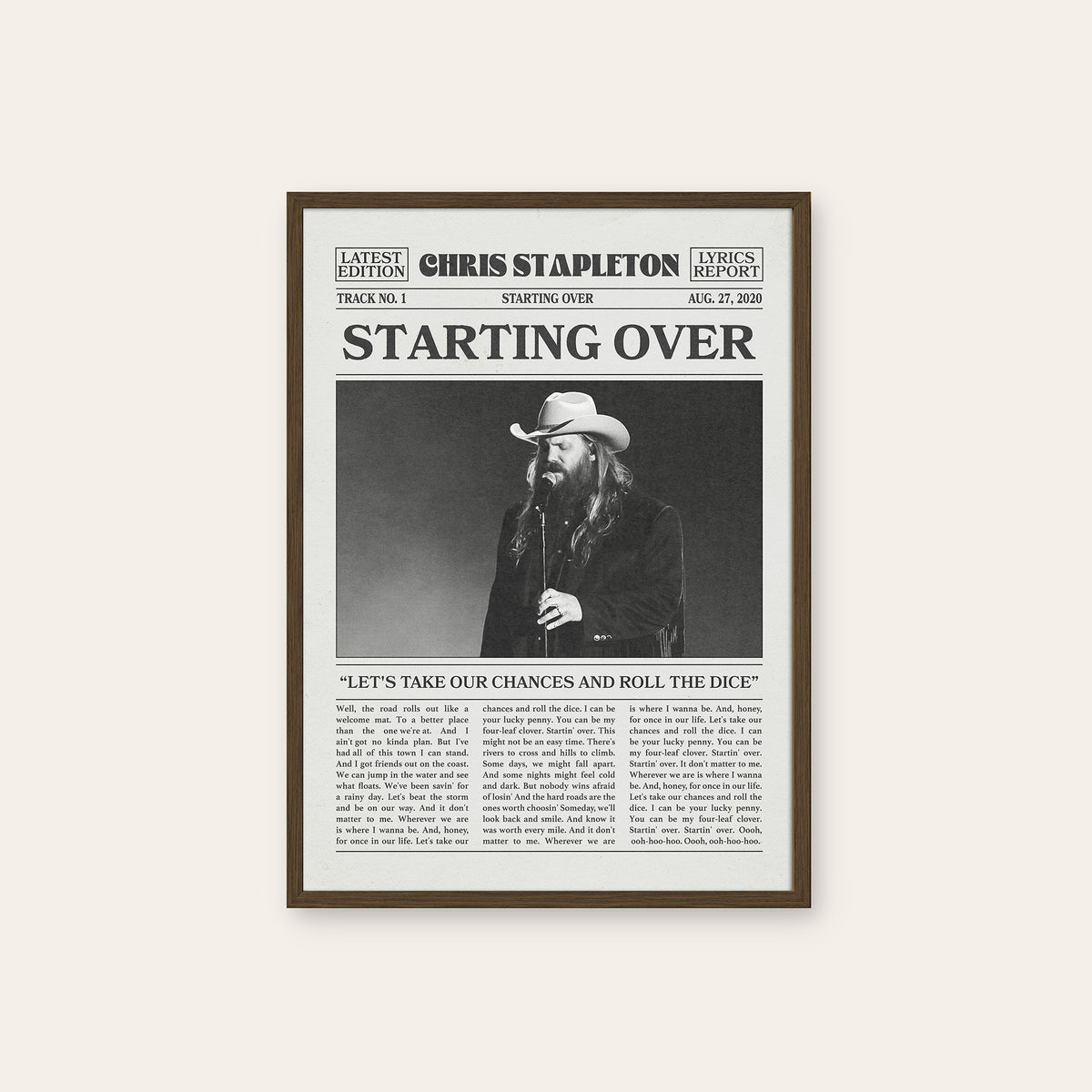 Chris Stapleton Starting Over newspaper poster — dark wood frame