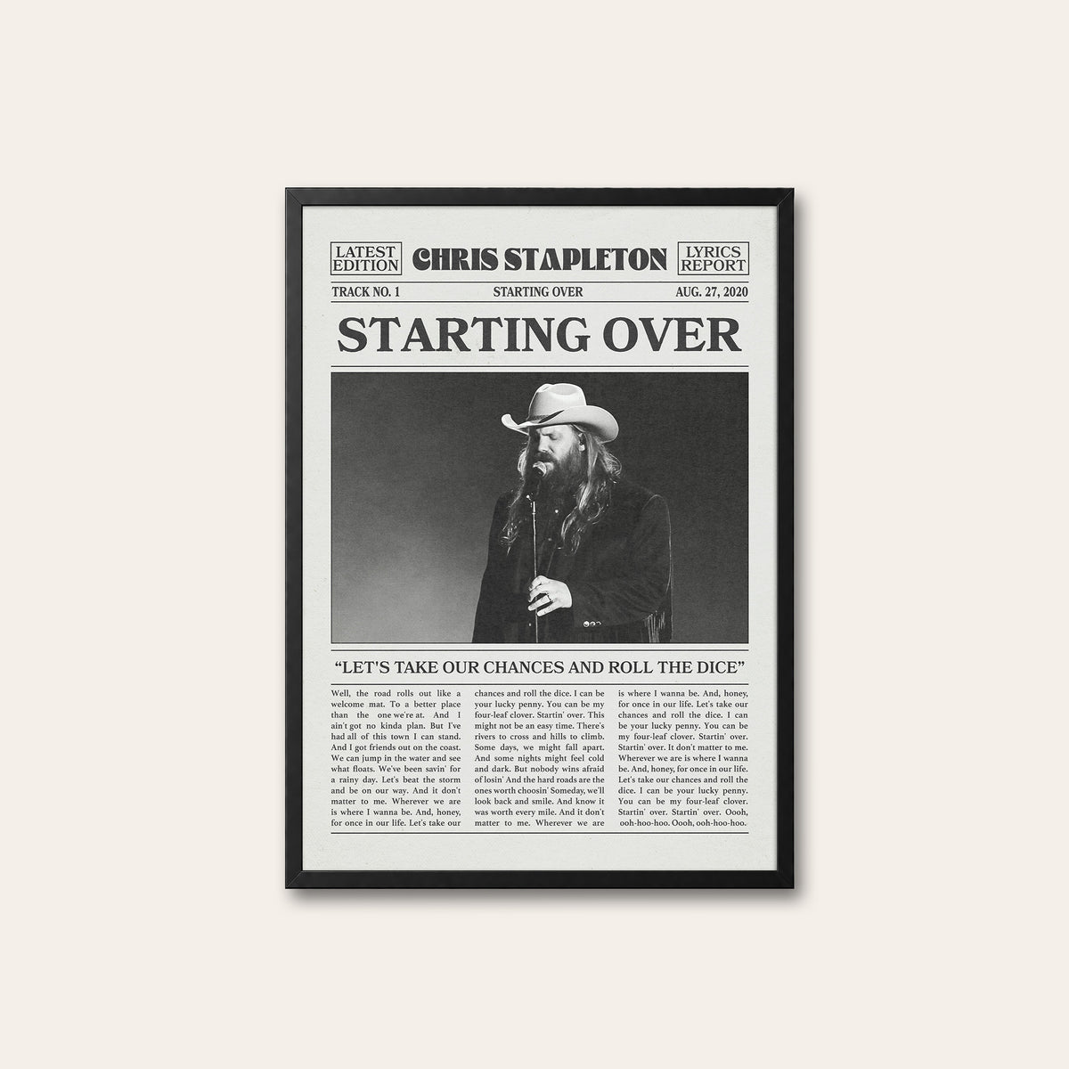 Chris Stapleton Starting Over newspaper poster — black frame