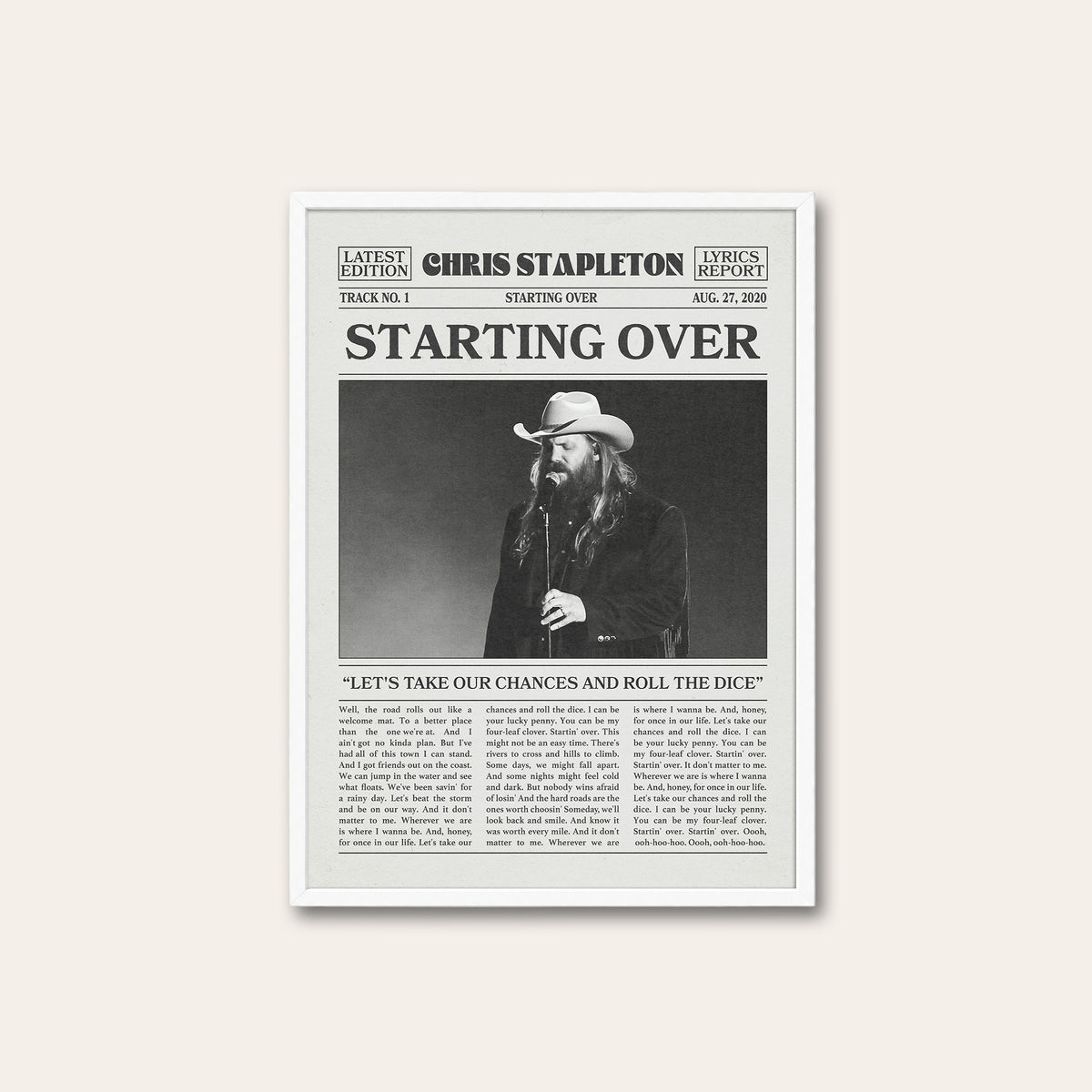Chris Stapleton Starting Over newspaper poster — white frame