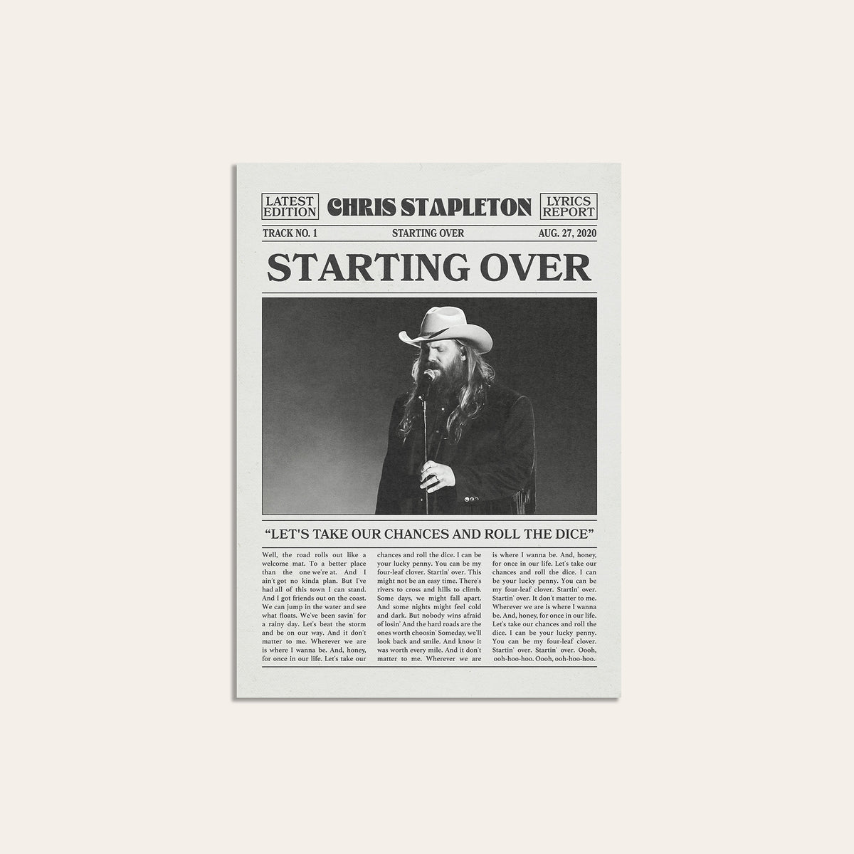 Chris Stapleton Starting Over newspaper poster — unframed print