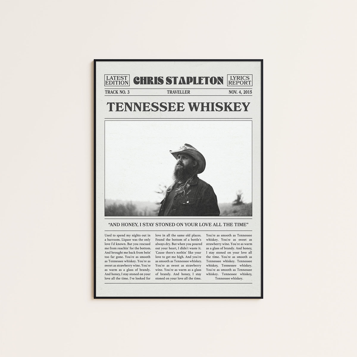 Chris Stapleton Tennessee Whiskey newspaper poster — black frame display