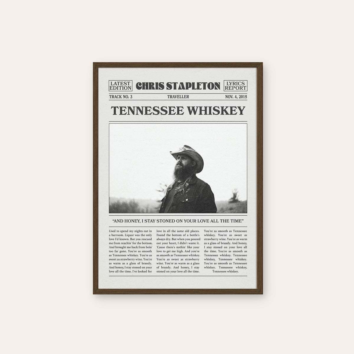 Chris Stapleton Tennessee Whiskey newspaper poster — dark wood frame