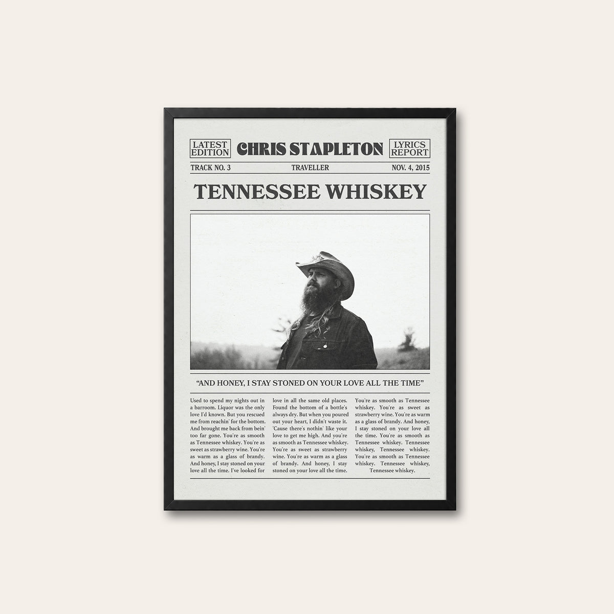 Chris Stapleton Tennessee Whiskey newspaper poster — black frame