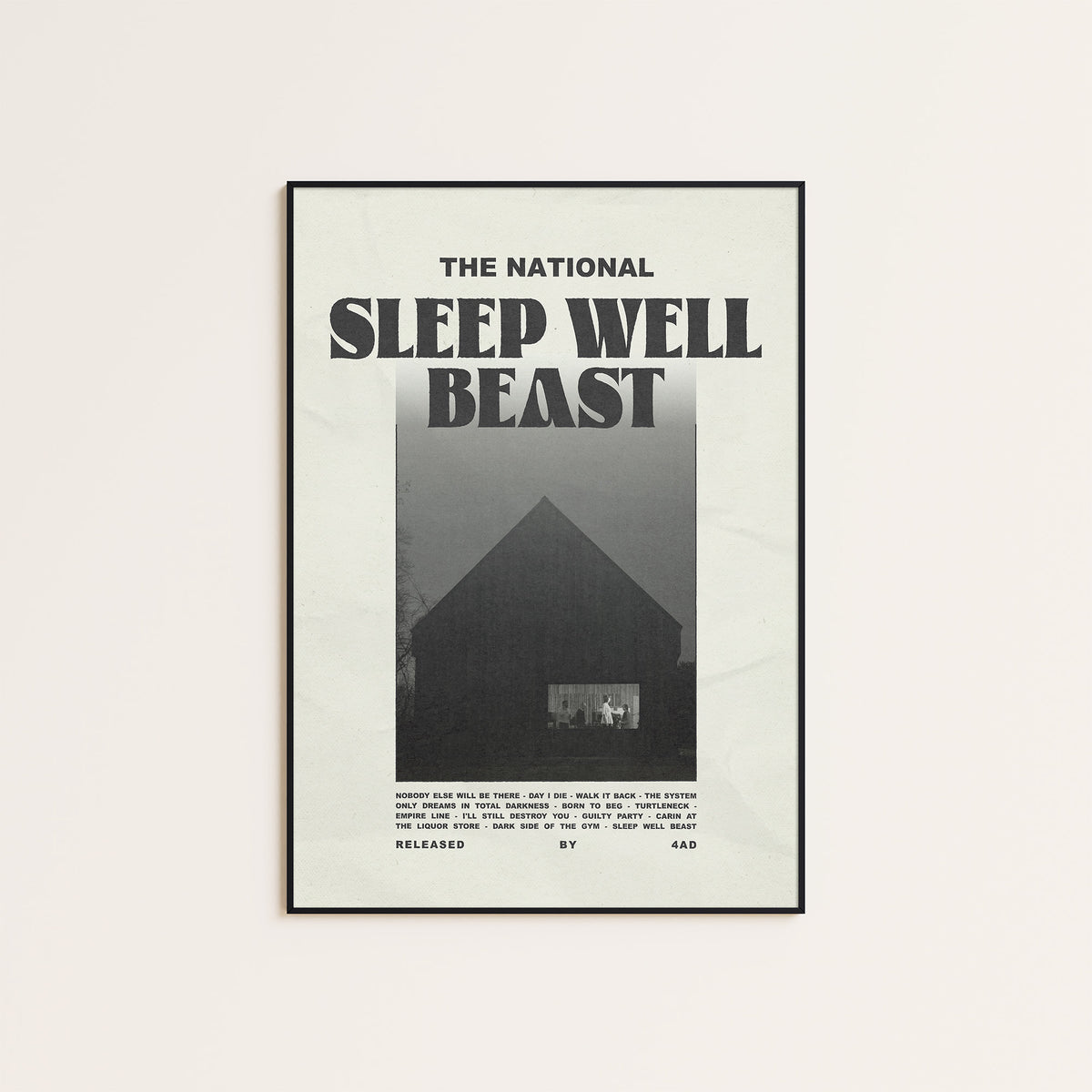 The National Sleep Well Beast newspaper poster — black frame display
