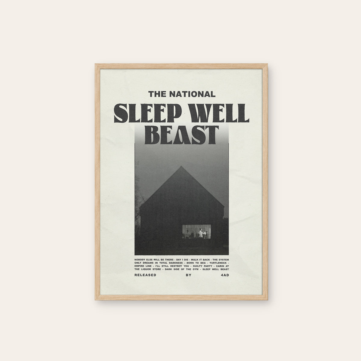 The National Sleep Well Beast newspaper poster — natural wood frame