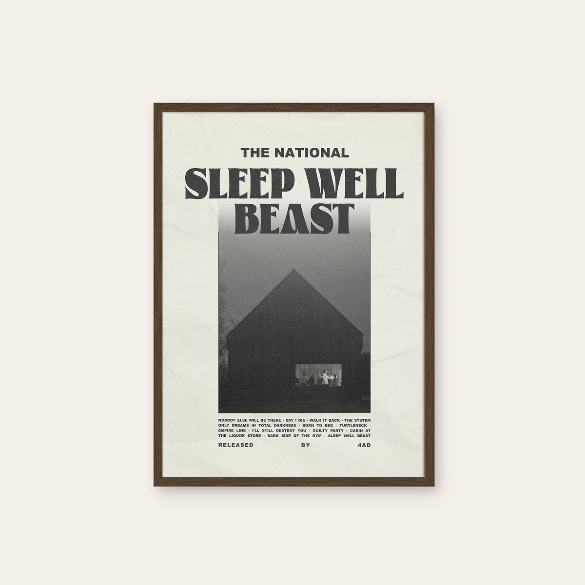 The National Sleep Well Beast newspaper poster — dark wood frame
