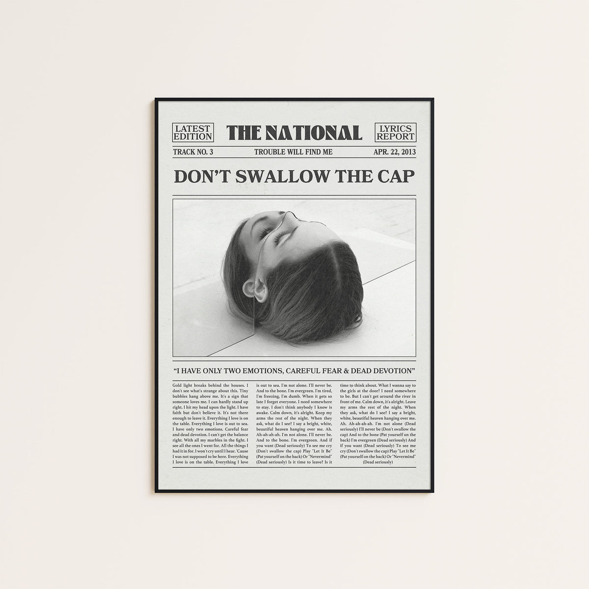 The National Don't Swallow the Cap newspaper poster — black frame display