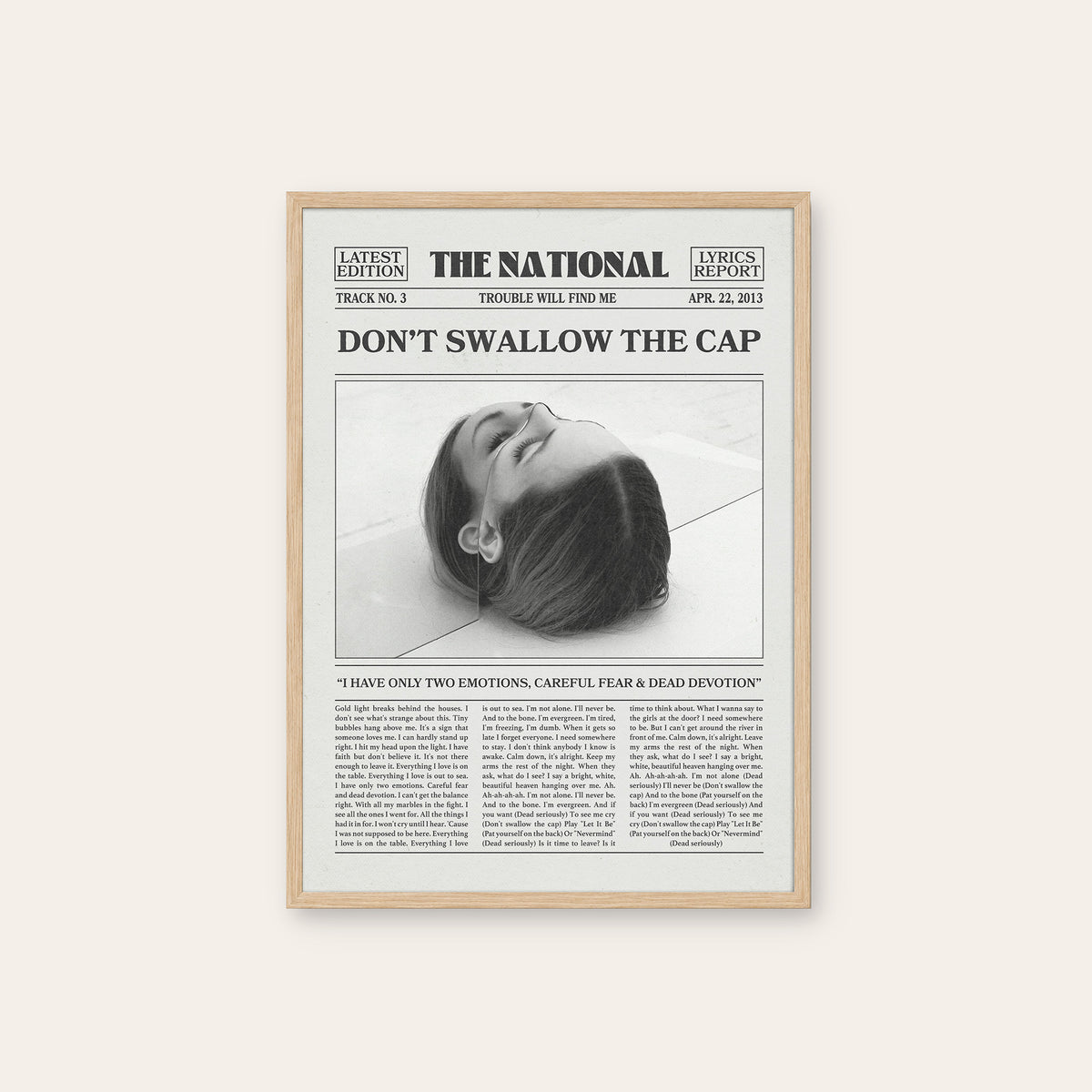 The National Don't Swallow the Cap newspaper poster — natural wood frame