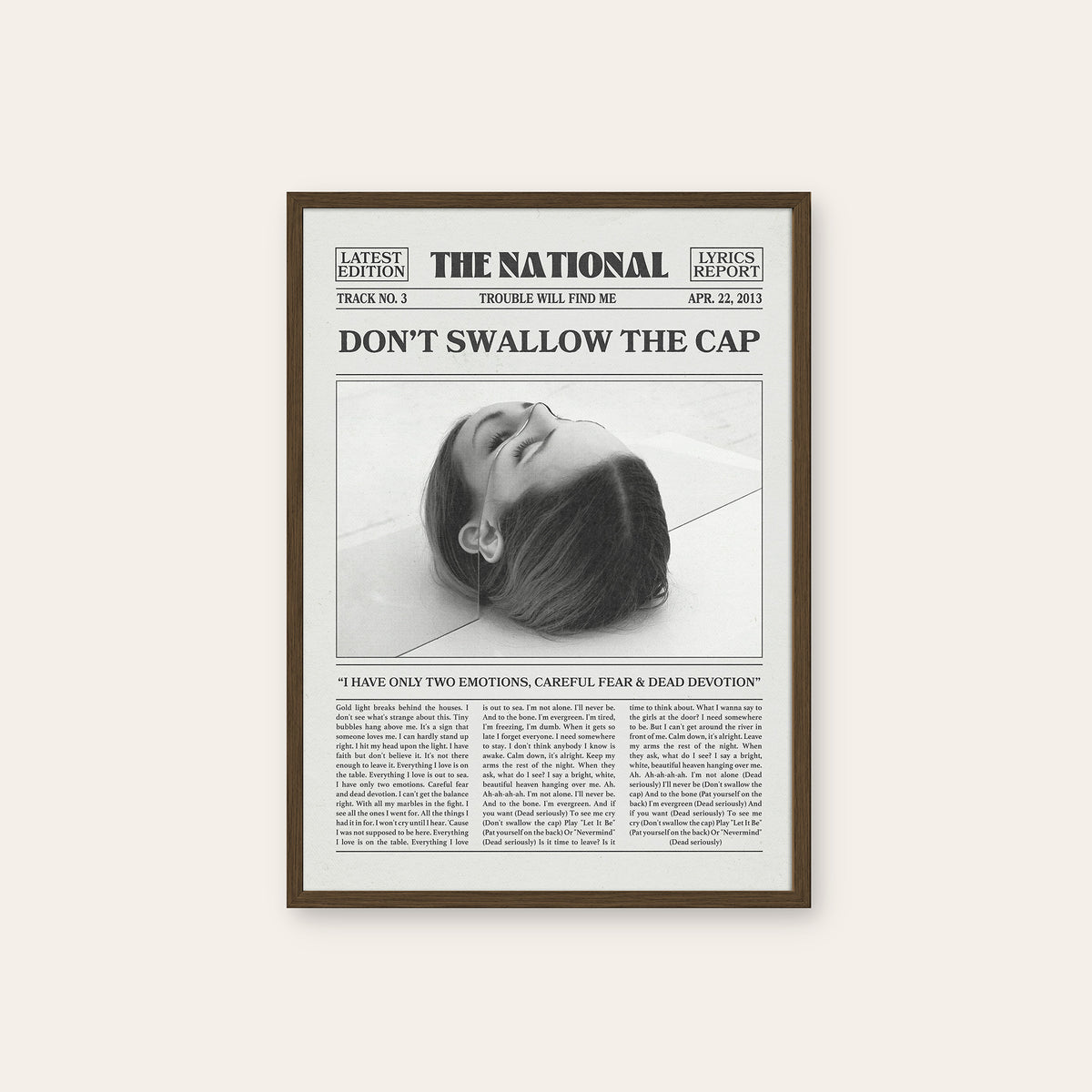 The National Don't Swallow the Cap newspaper poster — dark wood frame