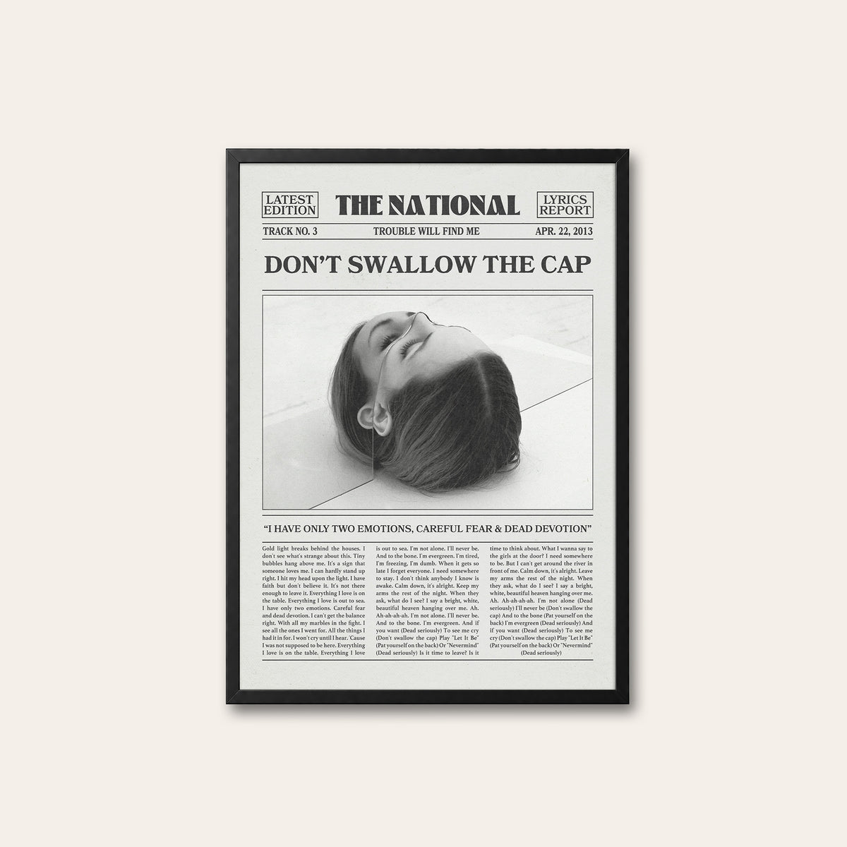 The National Don't Swallow the Cap newspaper poster — black frame