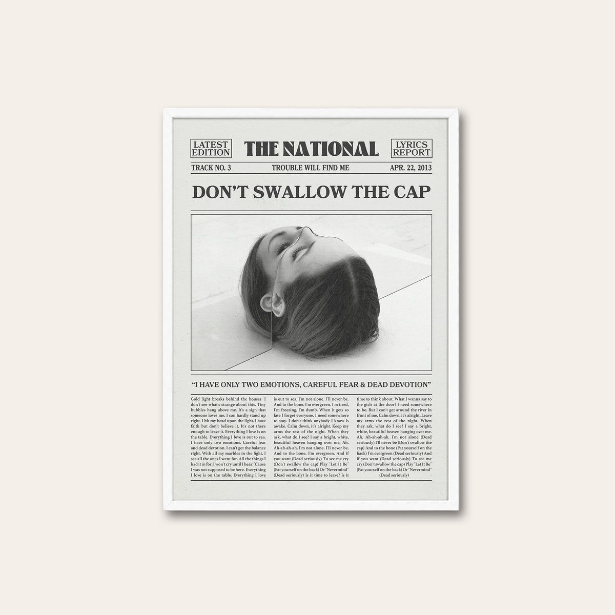 The National Don't Swallow the Cap newspaper poster — white frame